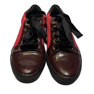 Red velvet & patent sneakers w/ ribbon laces